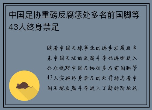 中国足协重磅反腐惩处多名前国脚等43人终身禁足